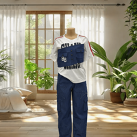 Ensemble deux pièces pour femmes, couleur contrastée, manches courtes, col rond, pantalon cargo patchwork, tenue streetwear