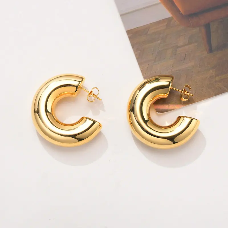Wholesale 18K Gold Plated Stainless Steel Jewelry S Statement Hollow Huge large Size Chunky Thick Tube Hoop Stud Earrings Trendy