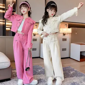 Teen Girls Long Sleeve Suit 2 pieces Brief Style Fall Spring Tops Loose  Wide Leg Pants