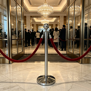 Poteau <span class=keywords><strong>de</strong></span> délimitation avec boule argentée et corde en velours rouge pour mariage, fête, contrôle <span class=keywords><strong>de</strong></span> foule VIP - Product Image 3