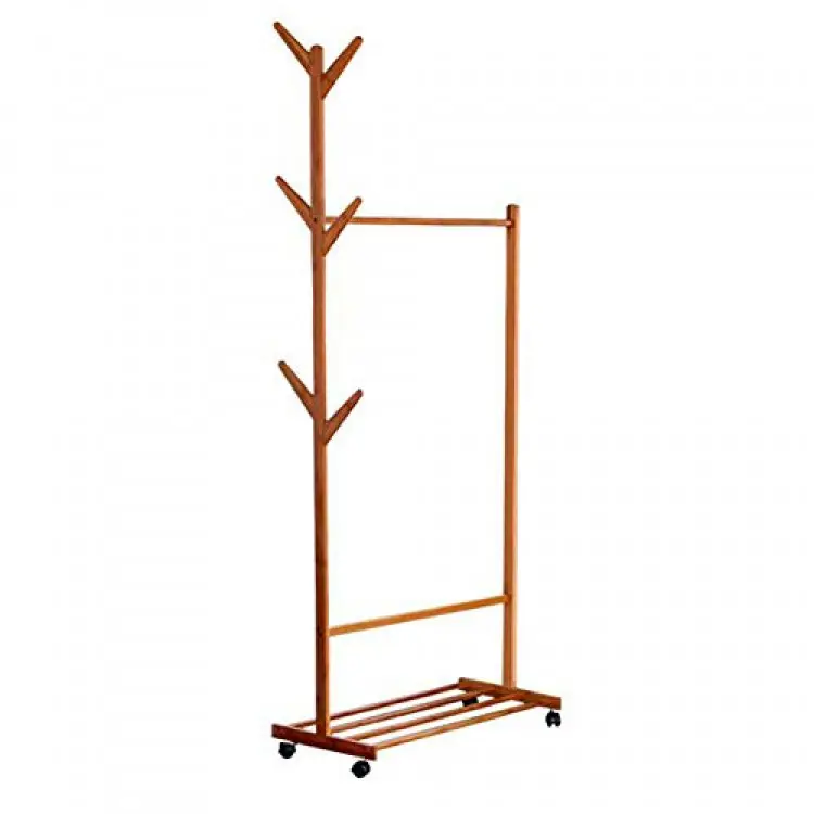 Floor Standing Coat Rack Movable Storage Clothes Hanger 6 Hooks Wheels Shelves Easy Install, Bamboo (Color : Wood Color