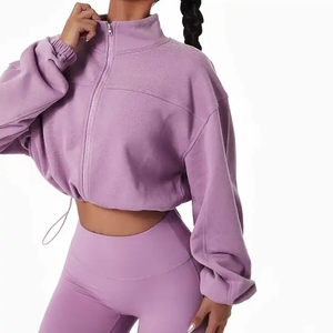 Giacche Sportive Corte con Coulisse per Donne, <span class=keywords><strong>Felpa</strong></span> Crop con Zip e Colletto Alto per Allenamento - Product Image 2