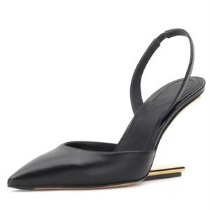 Metallic High Heeled Shoes Women Sexy V-Cut Party Slingback Fashion Genuine Leather Pointed Toe Pumps Black <b>Sandals</b> - Product Image 1