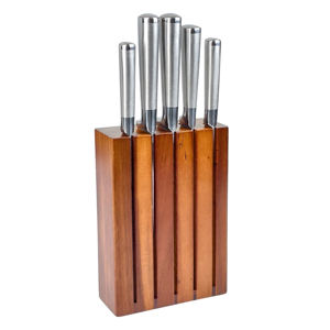 Ensemble de couteaux de cuisine en acier inoxydable à 6 pièces avec manches en acier inoxydable et lames en acier inoxydable, avec bloc à couteaux en bois d'acacia - Product Image 1