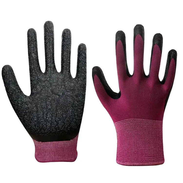 Chea13gauge Rood Polyester Zwart Guantes De Latex Palm Gecoat Werken Rubber Handschoen Latex Rimpel Veiligheidshandschoen