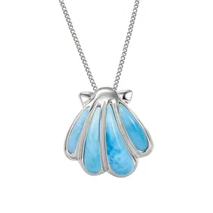 Ocean Style Jewelry 925 Sterling Silver Natural Blue Larimar Scallop Shell Pendant