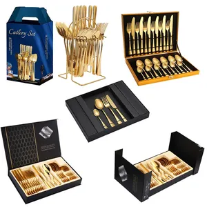 Coffret d'argenterie en acier inoxydable plaqué or, service de cuillères et fourchettes, couverts de noël 24 pièces