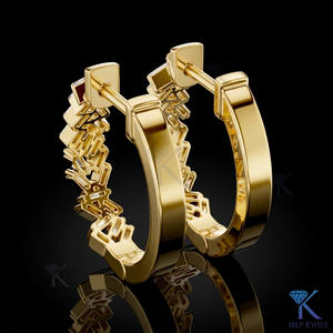 Custom Lab Grown CVD Baguette Diamond Herringbone Pattern <b>Huggie</b> Hoop Earrings 14K 18K <b>Solid</b> <b>Gold</b> Fine Women Jewelry Manufacture - Product Image 1