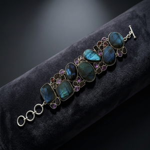 925artpalace Brazalete de Plata 925 de Diseño Artesanal con Múltiples Piedras Preciosas Impresionantes - Product Image 1