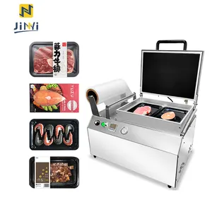 Jinyi dq300vst máquina de embalagem de pele, alta velocidade, para tabletop, carne a vácuo
