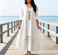 Robe longue maxi tendance pour femmes grandes tailles, manches longues, col en V, superposée, en coton et lin, vêtements décontractés pour femmes