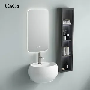 CaCa Wholesale Egg Shape wall mounted wash basin one piece half pedestal basin with Smart mirror and cabinet