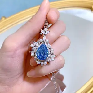 2024 New 925 Silver Pear Shaped Necklace Aquamarine Diamond Drops Pendant Women Hundred Necklace