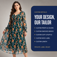Robe longue smockée en mousseline florale lavable pour femme, col en V, taille empire, poignets à volants, vente en gros, OEM, ODM, marque privée