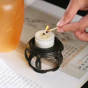 Chinese Antique Glass Candlestick Tapered Copper Base Heat Resistant Home Decoration Zen Tea Room Lamp With Scented Candle - Product Image 3