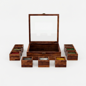 Handcrafted Eco-Friendly Wooden Spice <b>Box</b> 9 Separable Compartments Glass Lid Durable <b>Herb</b> Storage Hand Wash Only for Kitchen - Product Image 3