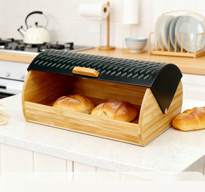 กล่องใส่ขนมปังสแตนเลสแบบดึงฝา, กล่องเก็บขนมปังฐานไม้ไผ่, กล่องใส่ขนมปังบนเคาน์เตอร์, กล่องใส่ขนมปังกันฝุ่นขายส่ง - Product Image 2