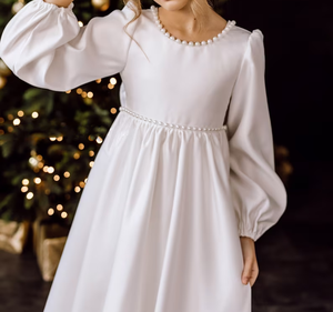 小女孩灯笼袖褶连衣裙女孩珍珠蝴蝶结连衣裙 - Product Image 2