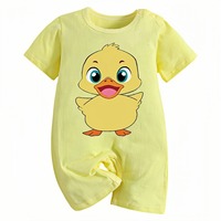 Romper Bayi Sangat Populer Motif Bebek 100% Katun Kuning Lengan Pendek Jumpsuit Kancing Tekan di Selangkangan untuk Bayi Laki-laki Perempuan