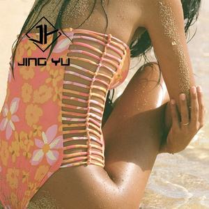 Factory Wholesale Hawaiian Side Hollow Print Halter Neck One Piece Swimsuit OEM Custom Nylon One Piece Swimwear - Product Image 3