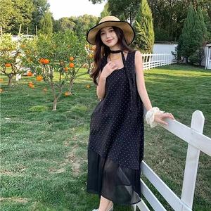 Elegant French Style Polka Dot Patchwork Asymmetric Sleeveless Long Dress For Women Daily City Commuting Natural Waistline - Product Image 1