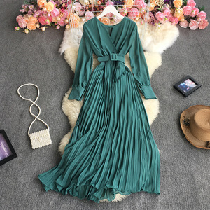 Moda <span class=keywords><strong>a</strong></span> pieghe retrò abito scollo <span class=keywords><strong>a</strong></span> V in vita dimagrante gonna grande posto gonna <span class=keywords><strong>a</strong></span> trapezio abito Casual da donna di <span class=keywords><strong>classe</strong></span> - Product Image 3