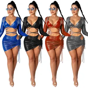 KYF3754 New fashion sexy bodycon drawstring bowknot cross bandage crop top skirt leather sets women 2 piece outfits