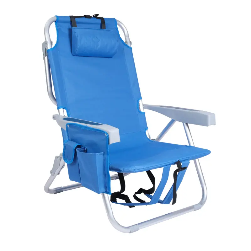 كرسي للشاطئ من الألومنيوم قابل للطي على الظهر ومسند للظهر مع مسندين للذراع من البلاستيك كبير