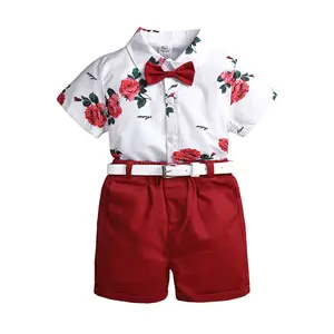 Nieuwe Trend Boutique Groothandel Hoge Kwaliteit Zomer Casual Flower Shirt Rood Shorts Twee Stukken Outfits Kids Kinderen 7T Jongens kleding