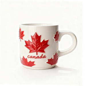 Custom Canada Tourism City Souvenir Ceramic Mug with Label Maple Leaf Embossed Design for Souvenir Gift Wholesalers