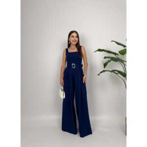 Elegante Mono de Satén de Pierna Ancha para Mujer con Cinturón para Eventos y Fiestas, Azul Marino - Product Image 1