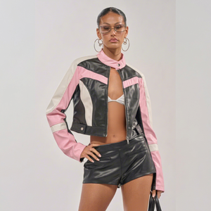 Chaqueta de Moto para Mujer, Impermeable, Cortavientos, de Cuero PU Recubierto, Manga Larga, Cuello Alto, Bloques de Color, Cierre de Cremallera con Piel Sintética, Otoño - Product Image 1