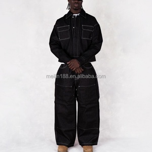 Ensemble de survêtement unisexe en jean noir délavé, coupe oversize, deux pièces, pour homme, par un fabricant de denim tendance - Product Image 2