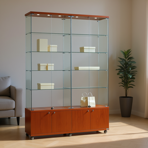 Vitrina Moderna de Vidrio de 160 cm de Ancho con Base de Madera de Cerezo, Puertas con Cerradura y Estantes Ajustables para Exhibición en Sala de Estar - Product Image 3
