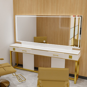 Muebles de Salón Modernos de Metal Dorado Resistente con Espejo para Peluquería, Lámpara LED, <span class=keywords><strong>Imagen</strong></span> de Alta Definición y Múltiples Espacios de Almacenamiento - Product Image 6