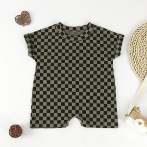 Mono de Bebé de Manga Corta con Cierre de Botones, Estampado de Tablero de Ajedrez, Unisex, Spandex/Algodón, Verano, Venta al Por Mayor de Fábrica - Product Image 2