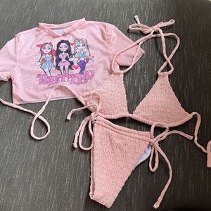 Vrouwen Hoge Snit String Bikini Set <span class=keywords><strong>Sexy</strong></span> Jonge Meisjes Getextureerde Trekkoord Kant Badpak 3 Stuk Portretprint Badpak - Product Image 5