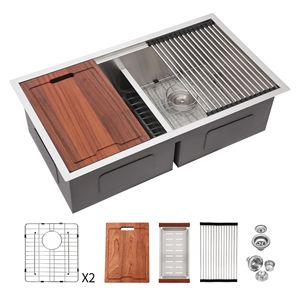 Évier de cuisine sous plan 30x19x10 à double bac 50/50 en acier inoxydable nickel brossé, design ferme - Product Image 1