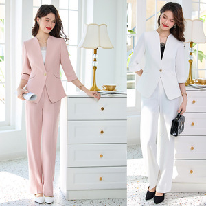 Women's Suit Set Pink White Three Quarter Sleeve Satin Blazer Pants Office Lady Work Wear Anti-Wrinkle Professional Style - Product Image 1