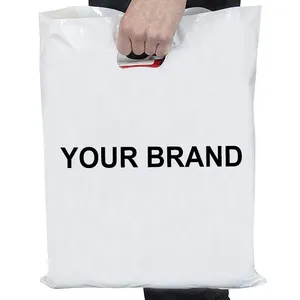 Custom Printed Brand White Die Cut Plastic Handle Bag, Apparel HDPE Foldable Carry Bag Large Plastic Shopping Bags
