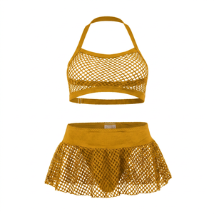 Conjunto de lencería de malla de dos piezas para mujer, talla grande, con sujetador halter hueco y falda con volantes, con diseño de red y detalles de aguja - Product Image 5