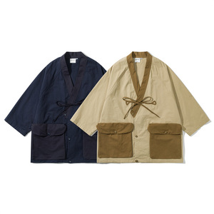 2025 OEM urbano Retro japonés Streetwear suelta Kimono camisa hombres verano Color bloque bolsillo <span class=keywords><strong>Haori</strong></span> Casual Oversized Breeze camiseta - Product Image 1