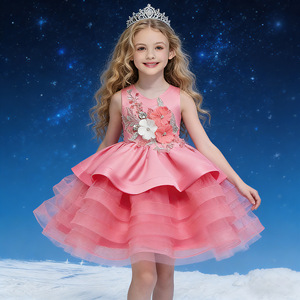 Robe de mariée pour enfants, style princesse, ligne A, jupe tutu multicouche en maille, col rond, fibre de polyester, bleu, rose, jaune, violet, pastèque - Product Image 4
