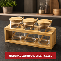 Juego de Recipientes para Condimentos de Bambú y Vidrio con Cucharas, Organizador de Especias 3 en 1, Soporte de Madera Natural para Sal, Azúcar, Café y Té