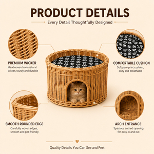 Casa para Mascotas Tejida de Mimbre Natural, Plataforma Superior Abierta, Zona Privada Inferior, <span class=keywords><strong>Cueva</strong></span> Transpirable para Gatos - Product Image 3