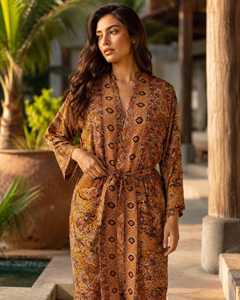 Bata de seda bohemia para mujer con estampado paisley, kimono largo floral, estilo A, lavable, ligera, para descansar, para vacaciones en resort, tipo pareo bohemio - Product Image 2