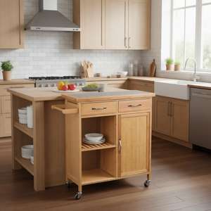 कस्टम बांस रसोई द्वीप और कार्ट भंडारण कार्ट ट्रॉली के साथ संगमरमर काउंटरटॉप और 2 दराज, खुली अलमारियां - Product Image 2