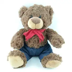 Children Gift Custom Cute Soft Plush Animal Dark Brown Teddy Bear Toy with Clothes Red Scarf and Blue Jeans