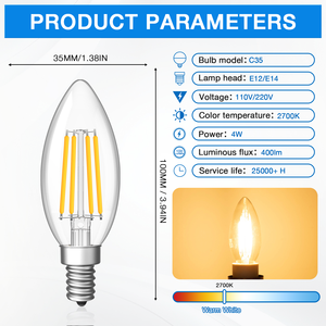 <span class=keywords><strong>Ampoule</strong></span> <span class=keywords><strong>LED</strong></span> en verre transparent de style décoratif 110V 220V E14/E26/E27 Lumière chaude <span class=keywords><strong>LED</strong></span> <span class=keywords><strong>Filament</strong></span> Vintage Lumière de bougie Haute luminosité - Product Image 2