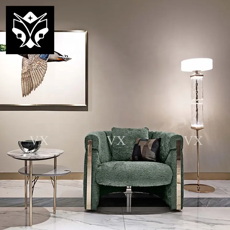 Postmoderner Einzelstuhl Holzrahmen Stoff-Stuhl mit Edelstahlbein Luxus-Stuhl für Wohnzimmer